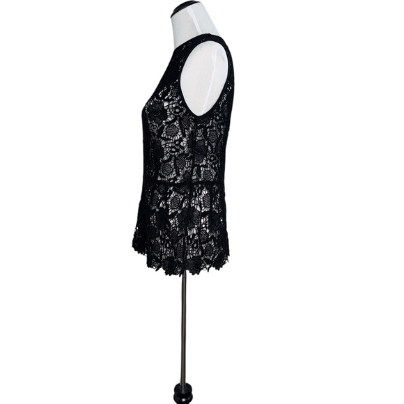 CAbi Open Knit Needle Lace Peplum Black Top Sz Medium EUC Style #800 - Picture 2 of 8